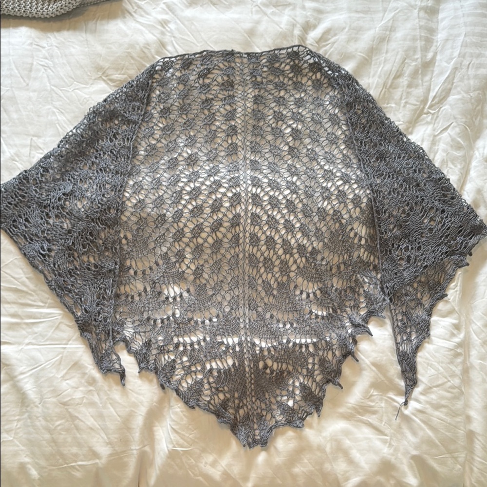 Hand Made Gray Crochet Lace Knit Shawl Scarf. New